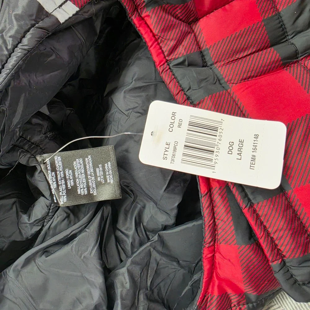 NWT L Dog Puffer Vest Red Black Buffalo Plaid Insulated Jacket